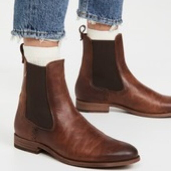 Frye Erin Chelsea Cognac Brown Leather Comfy Low Heel Casual Short Ankle Boot